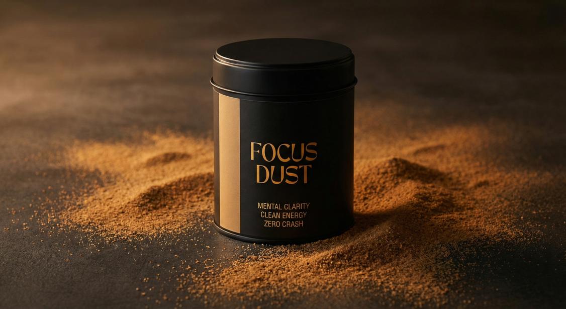 Focus Dust canister — matte black with electric blue accent