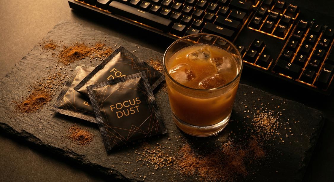 Focus Dust sachets, mixed drink, and gaming keyboard flat lay