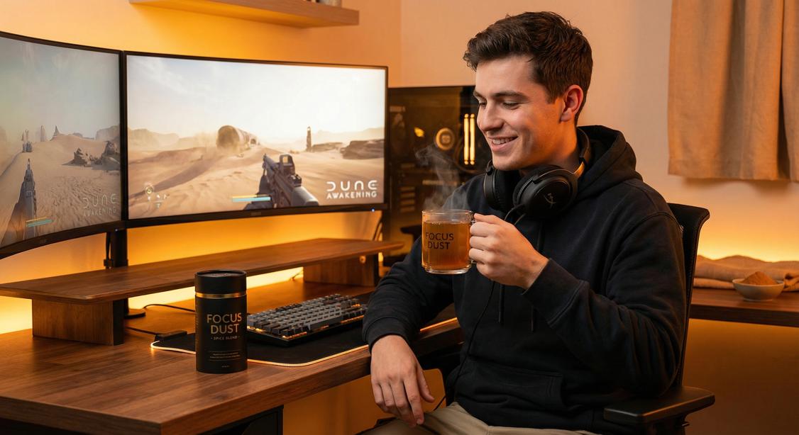 Young man at desk with dual monitors holding Focus Dust drink